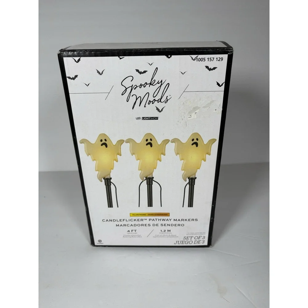 Gemmy Spooky Moods Ghost LED Candle-Flicker Pathway Markers Set of 3 in Box!